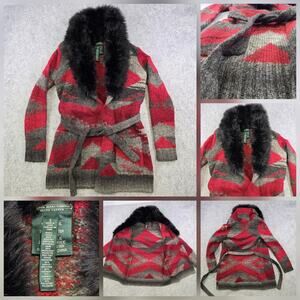 Lauren Ralph Lauren LRL Sweater Womens Small Red Aztec Belted Cardigan Faux Fur